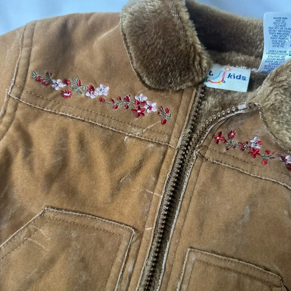 Vintage B.T. Kids Floral Embroidered Brown Faux Fur Suede Jacket / Coat Sz 18 mo